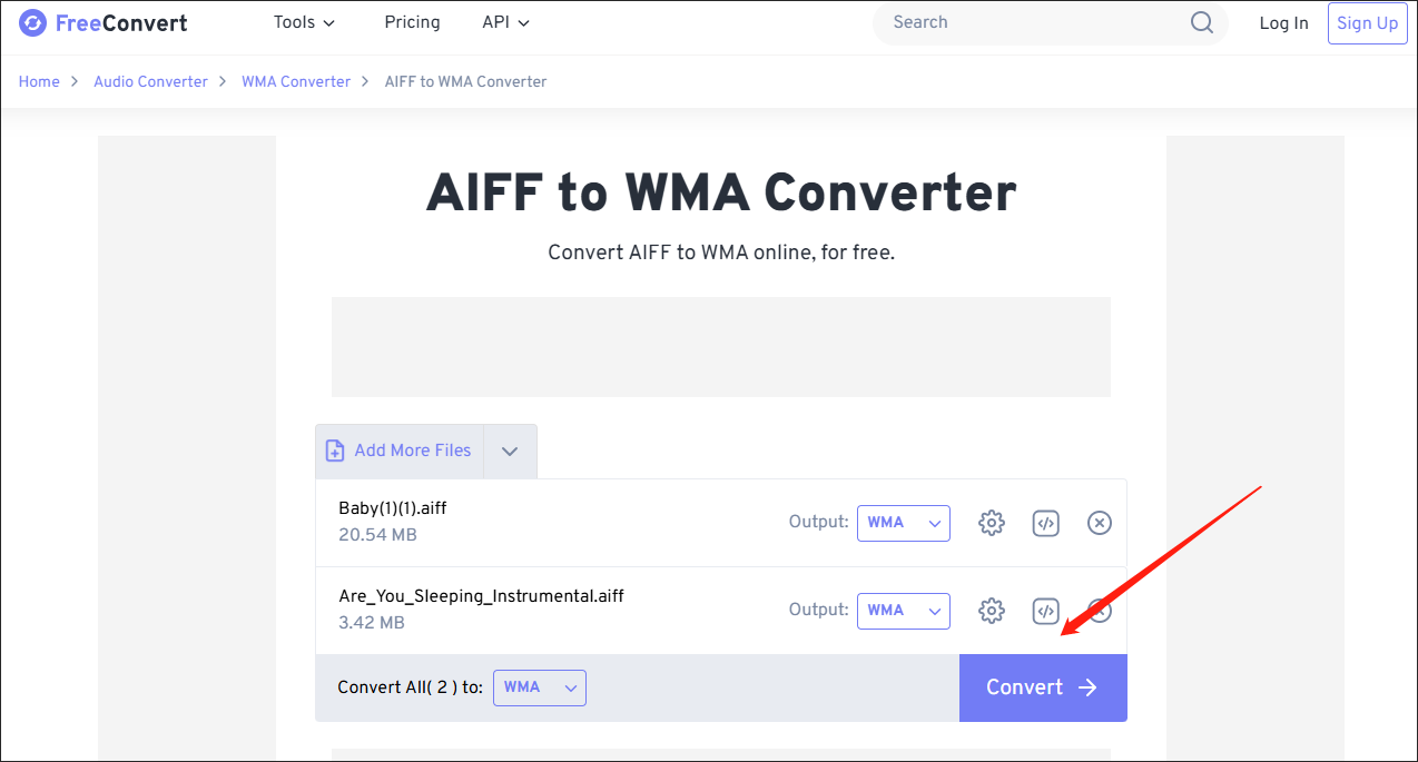 Click on the Convert button in FreeConvert to begin to convert AIFF to WMA