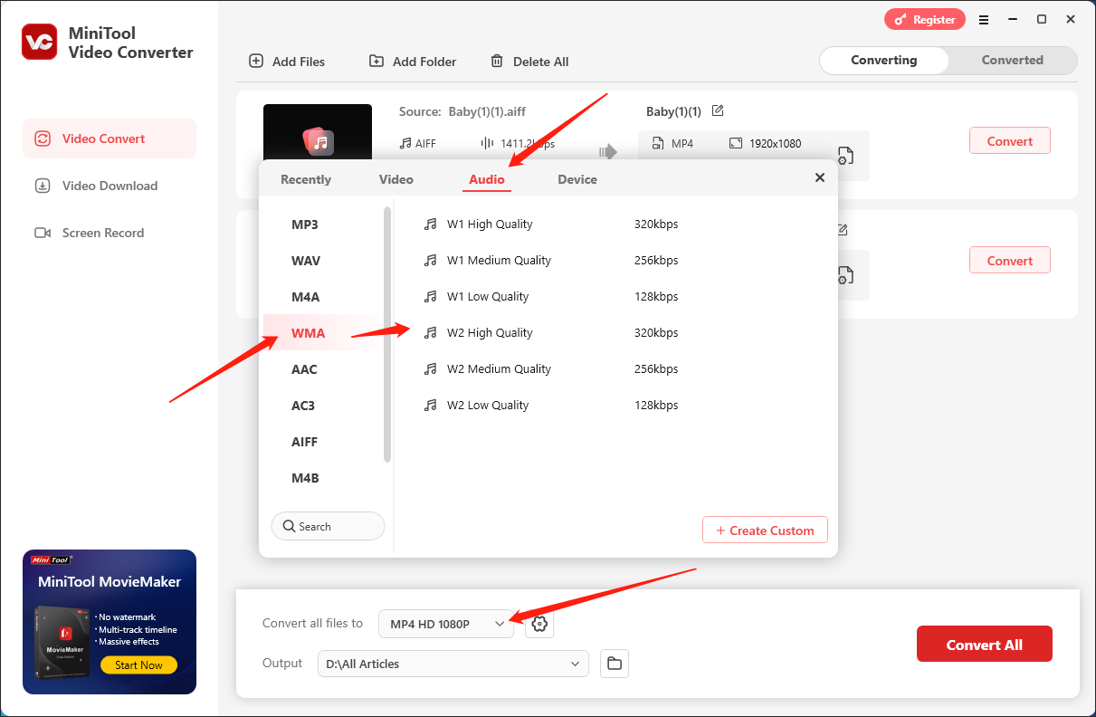 Choose WMA as the output format in the output format window of MiniTool Video Converter