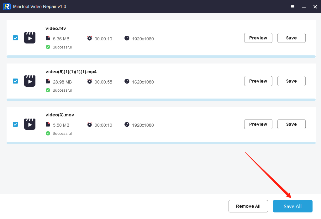 Click on Save All in MiniTool Video Repair to choose a saving path for your converted files