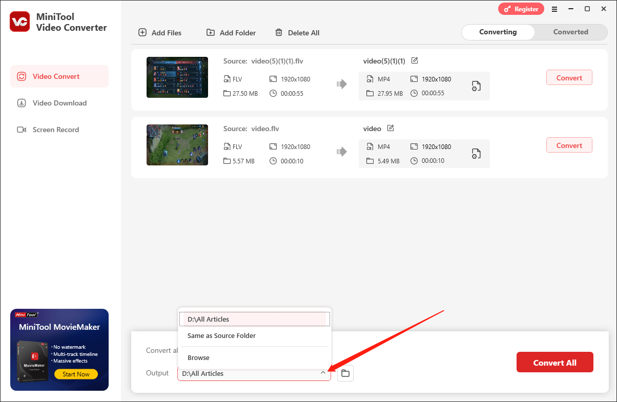 Expand the Output option in MiniTool Video Converter to choose a destination folder for your converted files