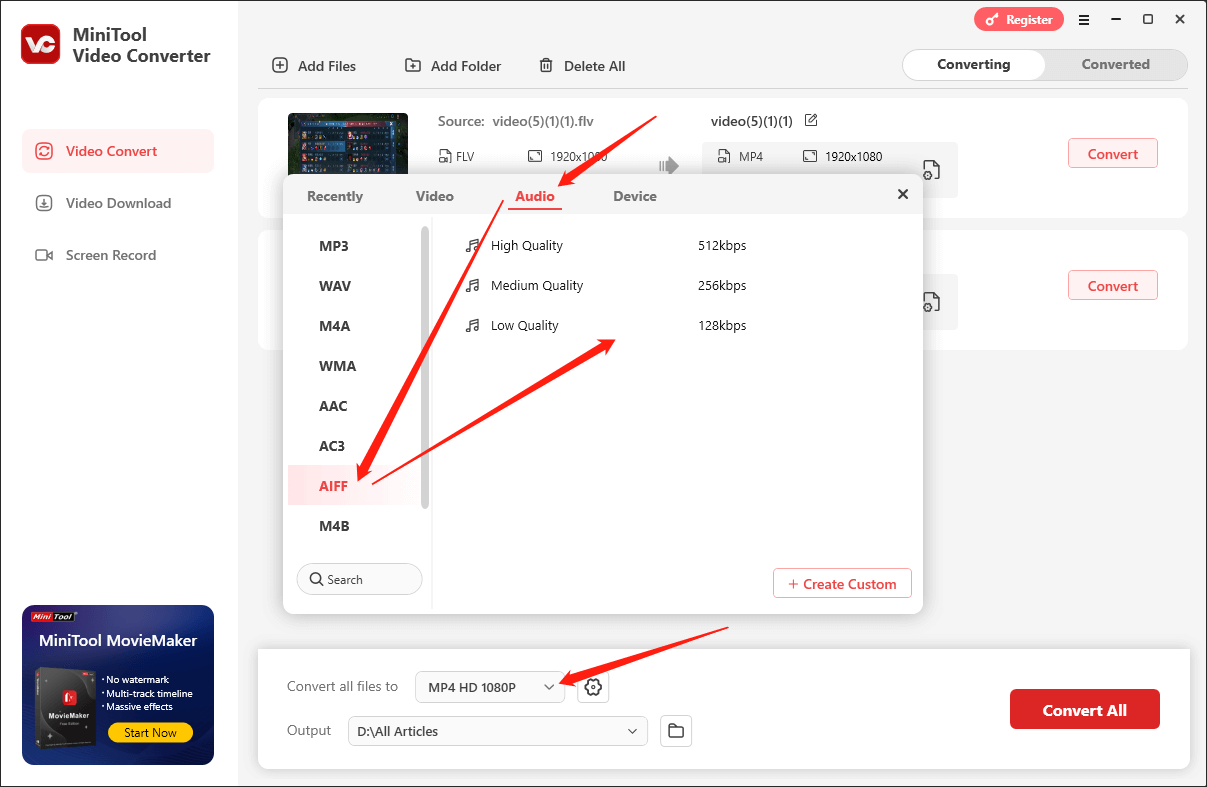 Expand the Convert all files to option in MiniTool Video Converter and choose AIFF as the output format