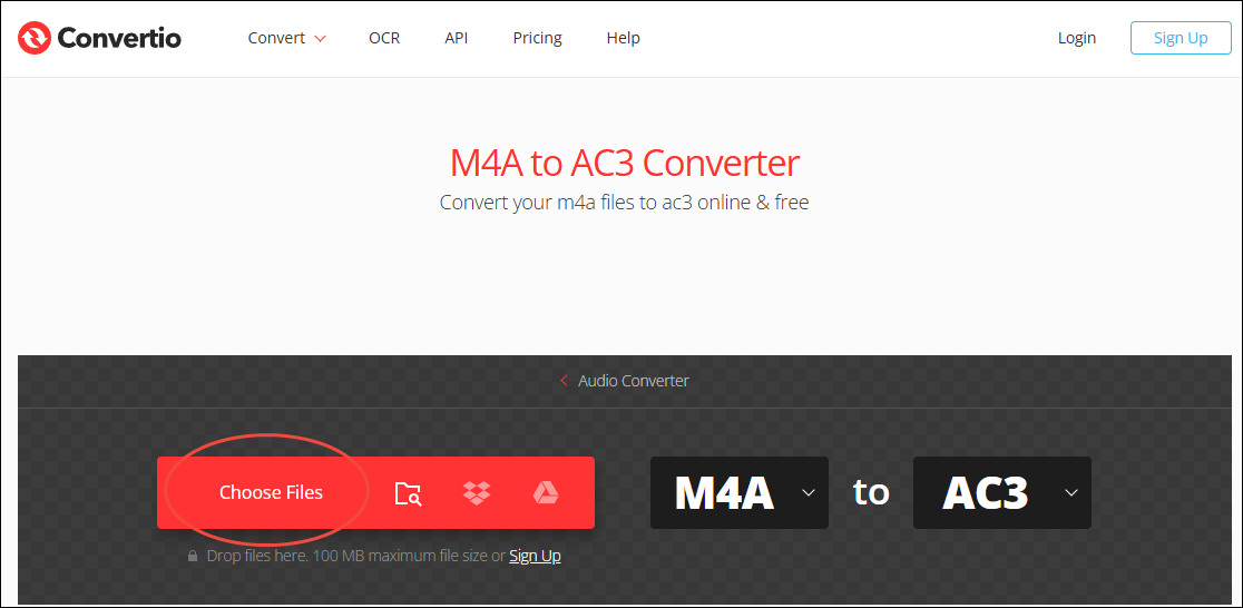 Click on Choose Files in Convertio to import your M4A files