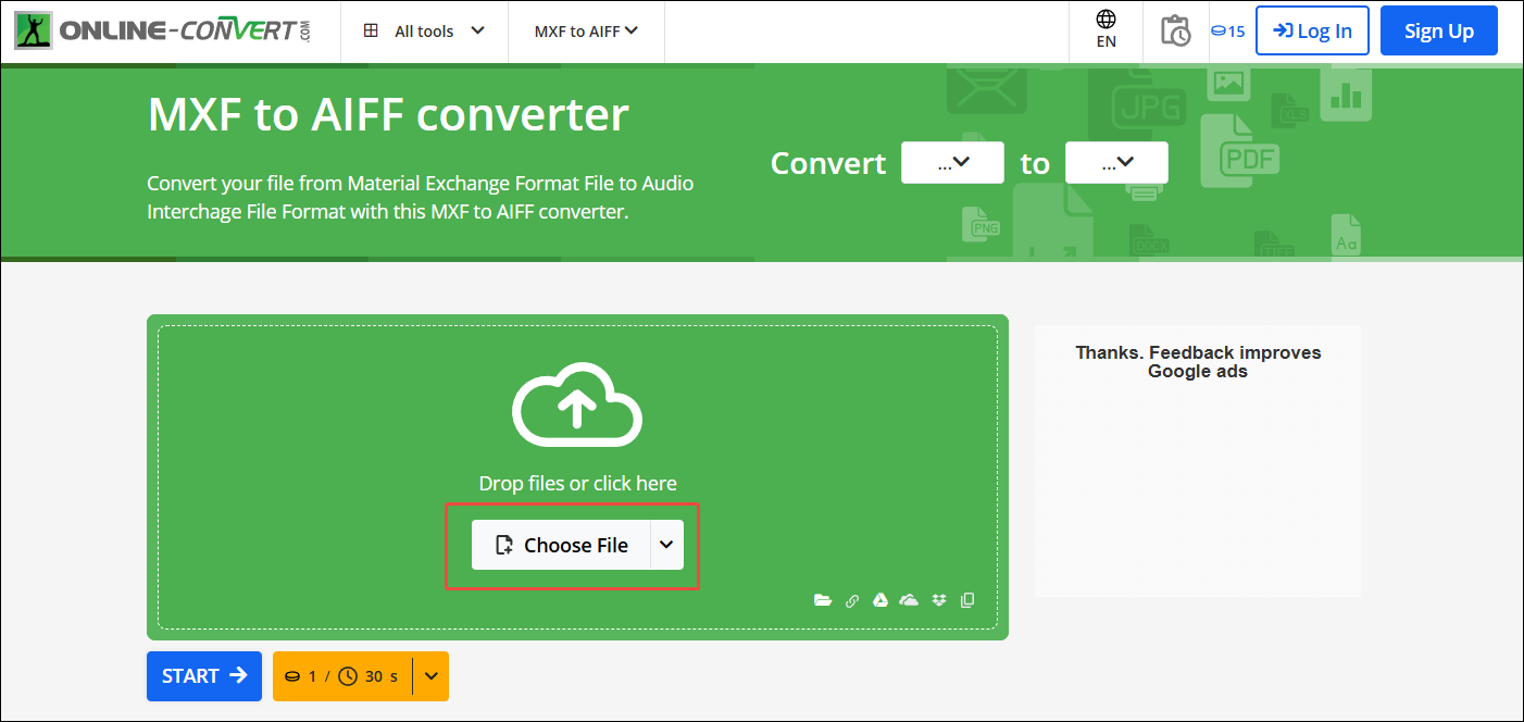 Click on Choose File in Online-Convert to import your MXF file