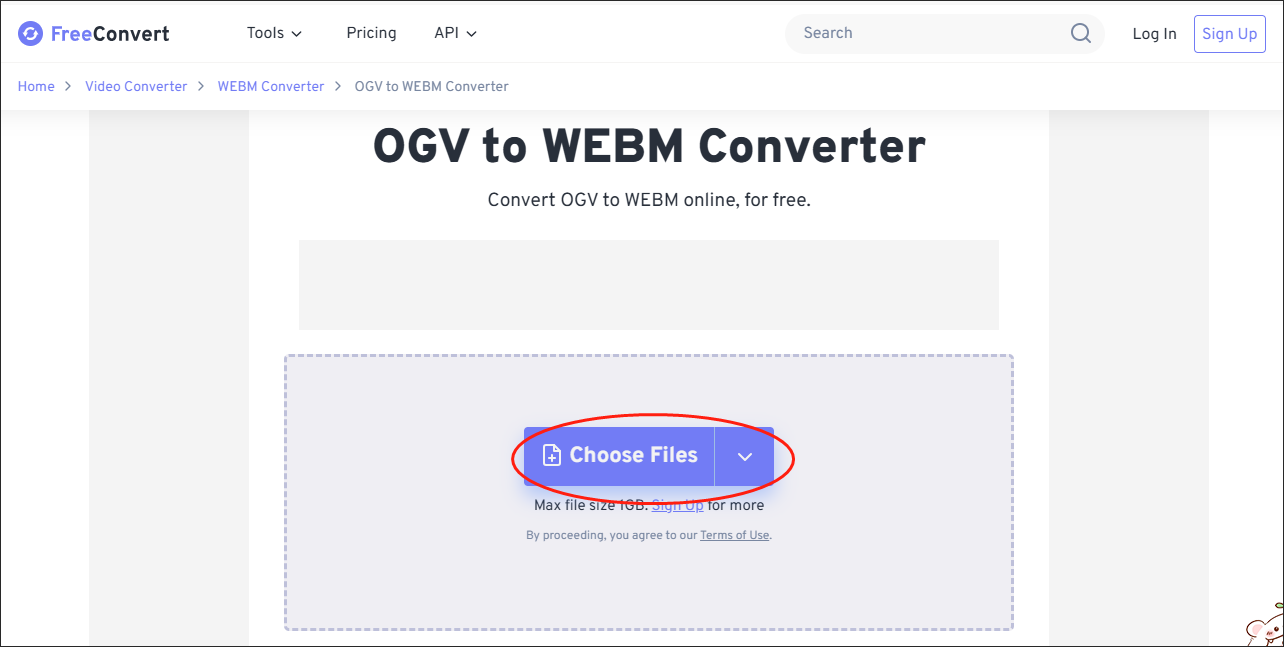 Click on Choose Files in FreeConvert to import your OGV files