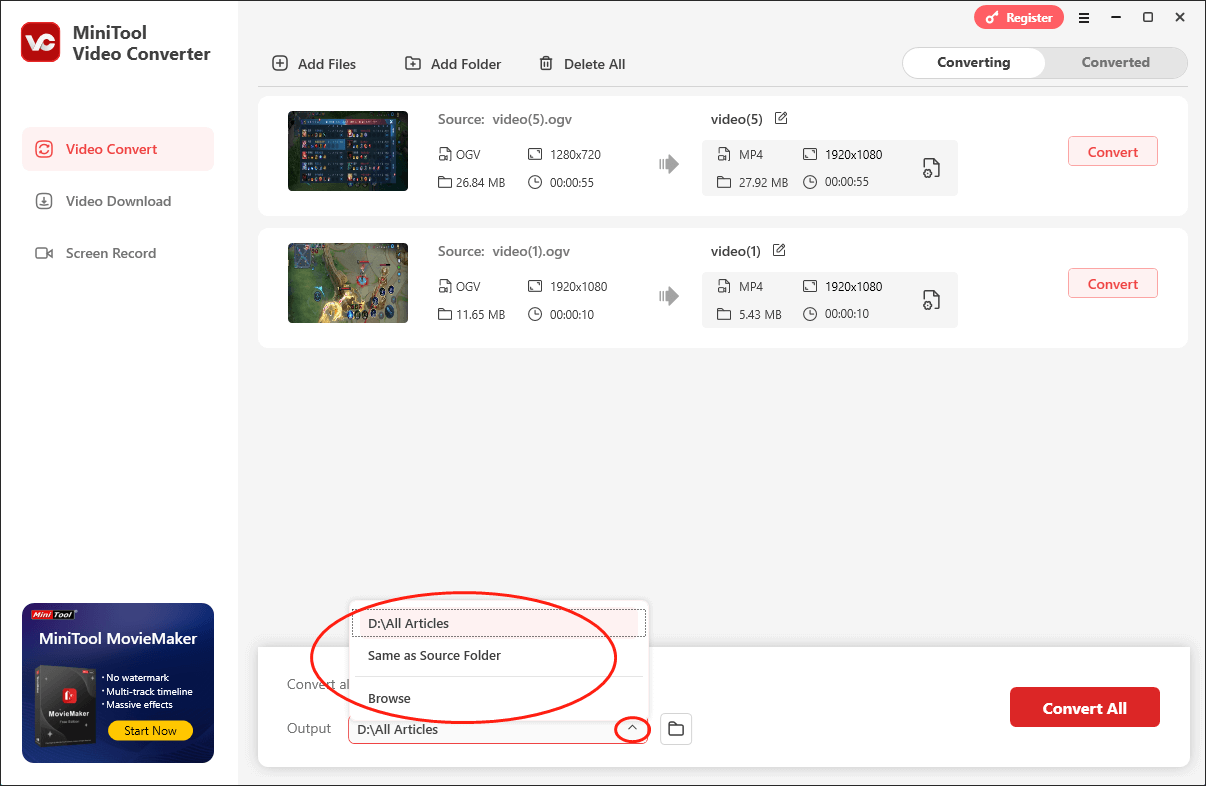 Expand the Output option in MiniTool Video Converter to select an output location for your converted files
