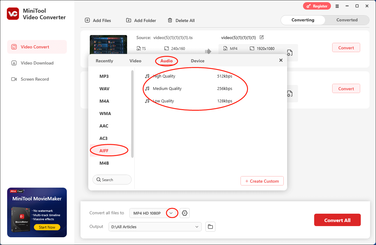 Choose AIFF as the output format in the output format window of MiniTool Video Converter