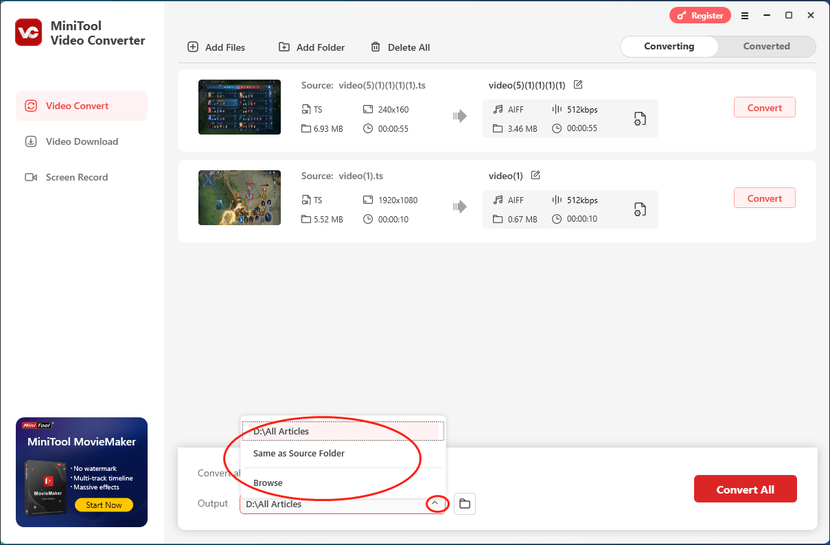 Expand the Output option in MiniTool Video Converter to choose a destination folder for your converted files