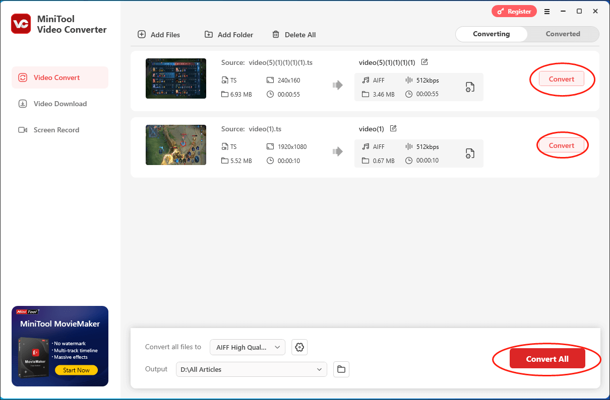 Click on the Convert or Convert All button in MiniTool Video Converter to begin the file conversion