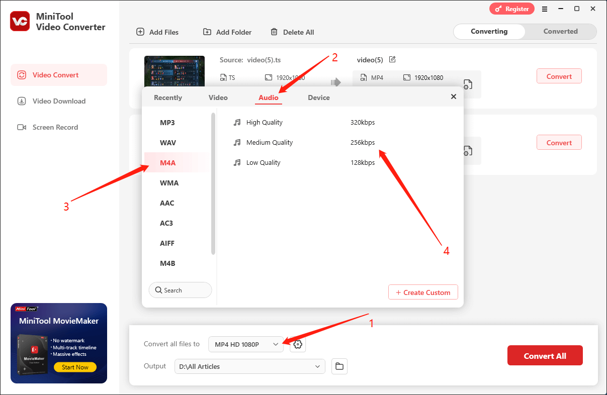 Expand the Convert all files to option in MiniTool Video Converter and Choose M4A as the output format