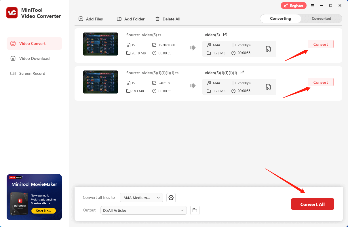Click on Convert or Convert All in MiniTool Video Converter to begin the conversion tasks