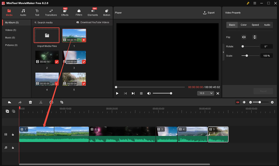 Click Import Media Files to import your videos and then drag them onto the timeline of MiniTool MovieMaker