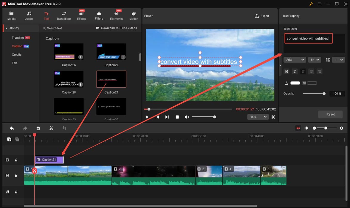 Go to the Text menu of MiniTool MovieMaker and add the desired caption template