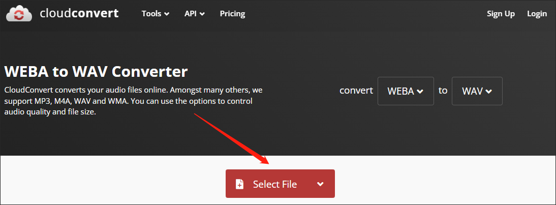 Click on Select File in CloudConvert to import your WEBA files