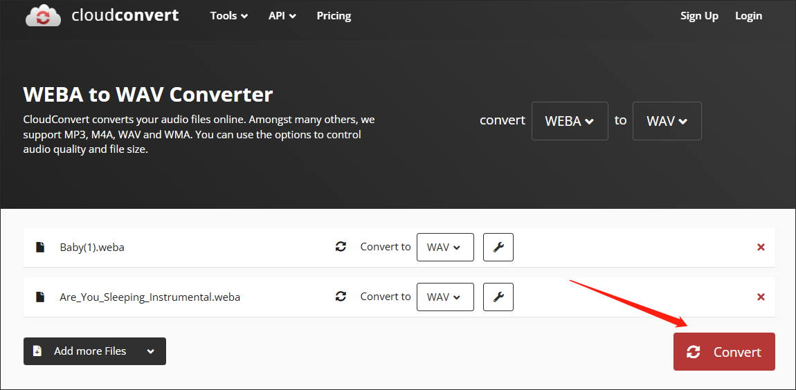 Click on Convert in CloudConvert to begin converting WEBA to WAV