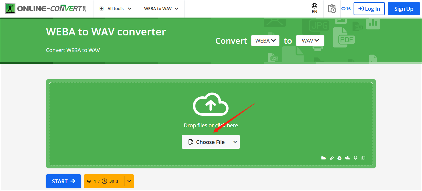 Click on Choose File in Online-Convert to import your WEBA files