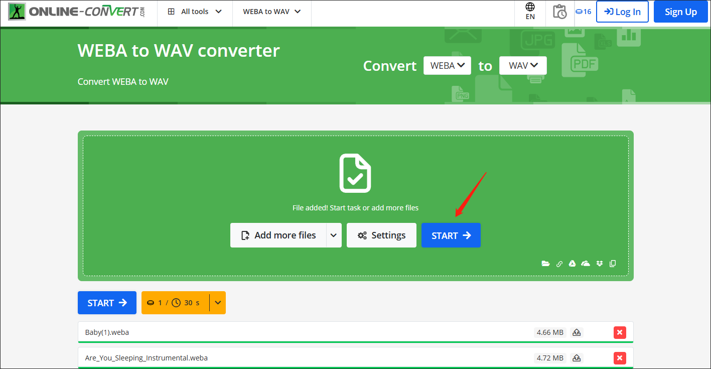 Click on START in Online-Convert to begin the conversion from WEBA to WAV