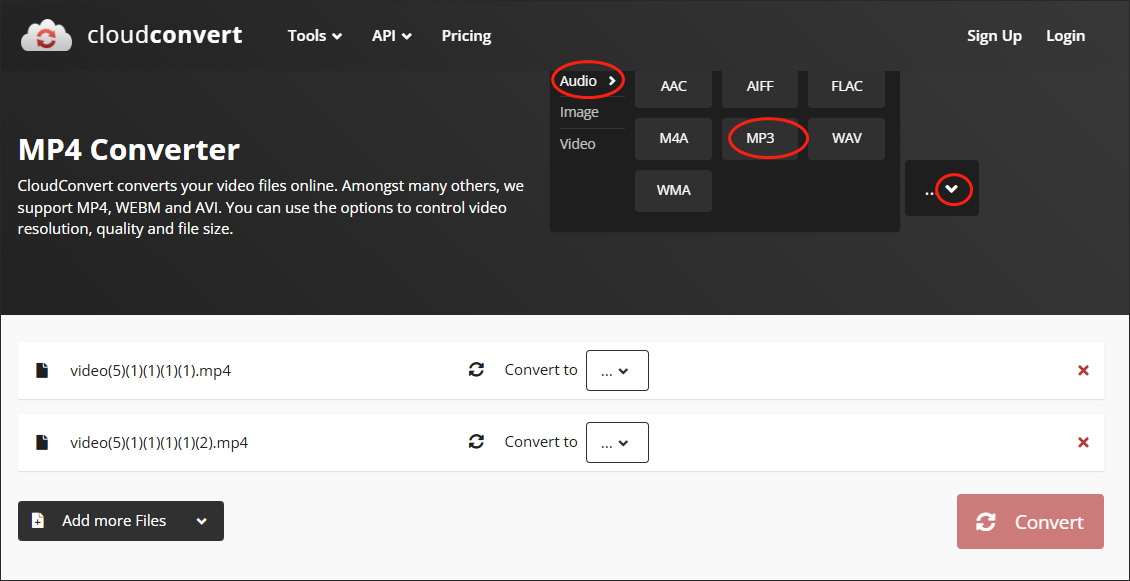 Choose MP3 as the output format in CloudConvert