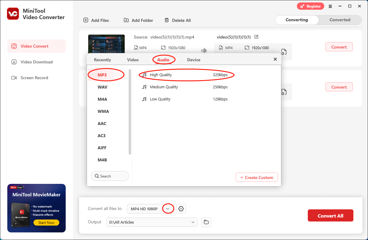 Expand the Convert all files to option in MiniTool Video Converter and choose MP3 High Quality as the output format