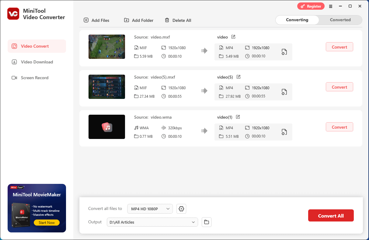 mehrere Dateien in MiniTool Video Converter auf einmal konvertieren