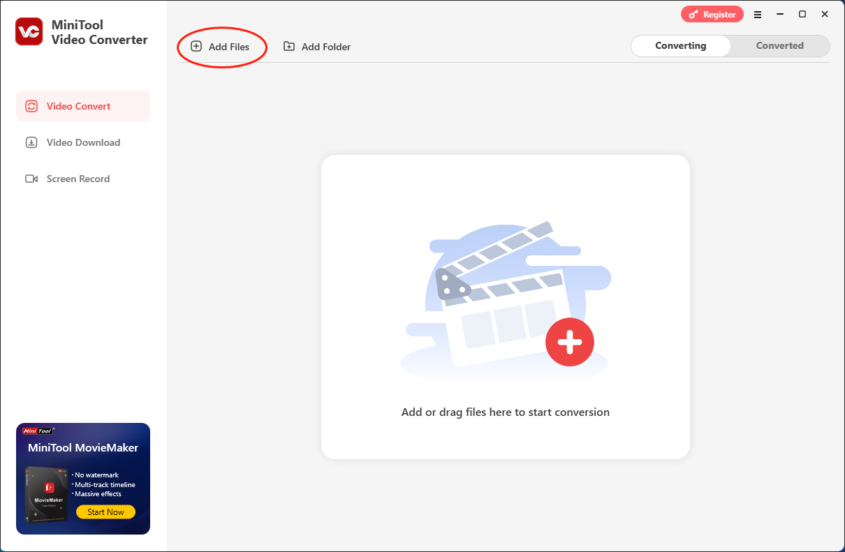 Click on Add Files in MiniTool Video Converter to import your Dailymotion videos