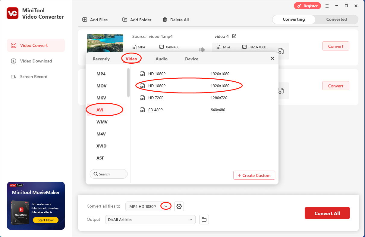 Expand the Convert all files to option in MiniTool Video Converter and choose AVI HD 1080P as the output format