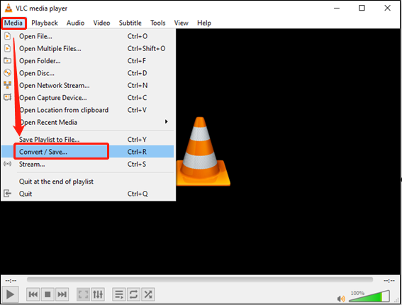 Select the Media tab from the top menu and choose the Convert / Save… option in VLC for format conversion