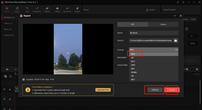 Select MP4 as the output format in MiniTool MovieMaker for format conversion
