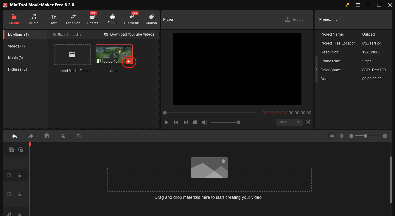Click on the plus icon in MiniTool MovieMaker to add your video file to the timeline