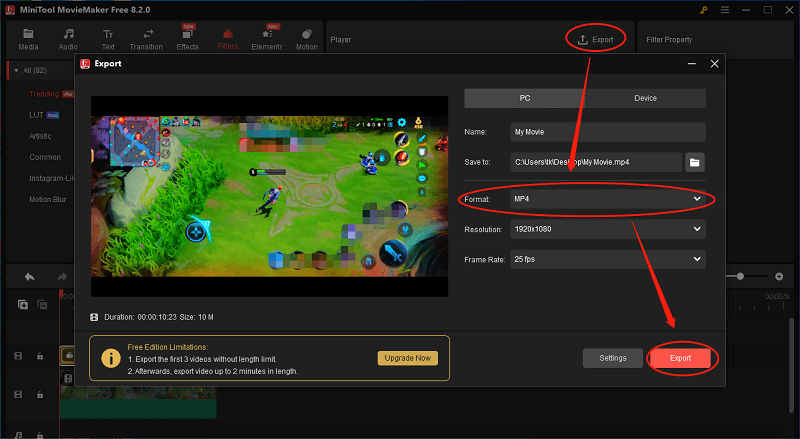 Click on the Export button in the Export window of MiniTool MovieMaker to begin the conversion tasks