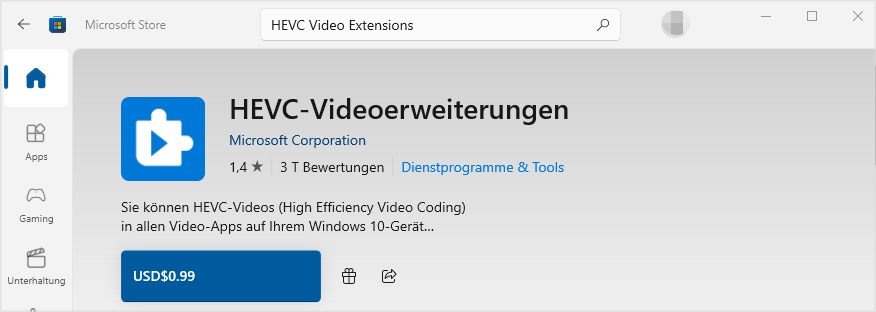 HEVC-Videoerweiterungen aus dem Microsoft Store installieren