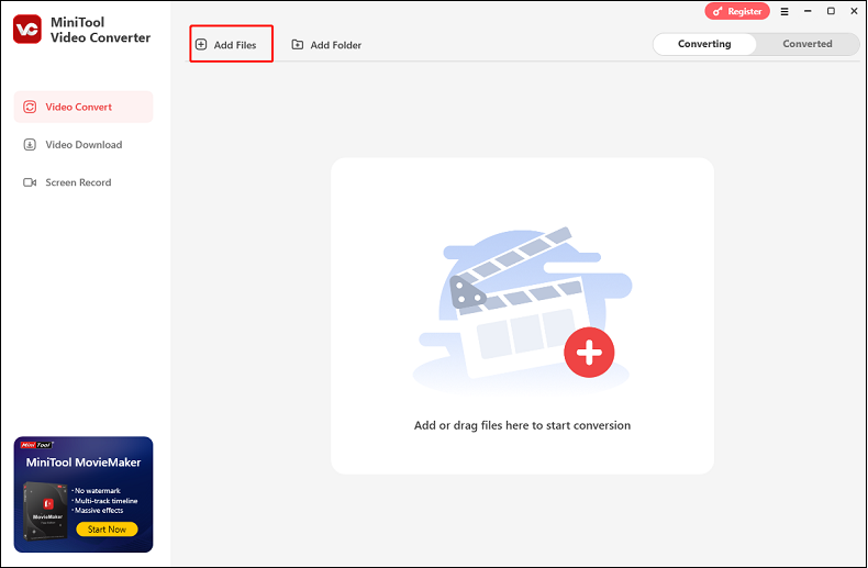 Click the Add Files button to add source audio files to MiniTool Video Converter for format conversion