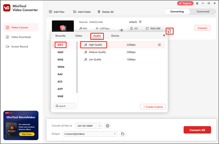 Select MP3 as the output format in MiniTool Video Converter for format conversion
