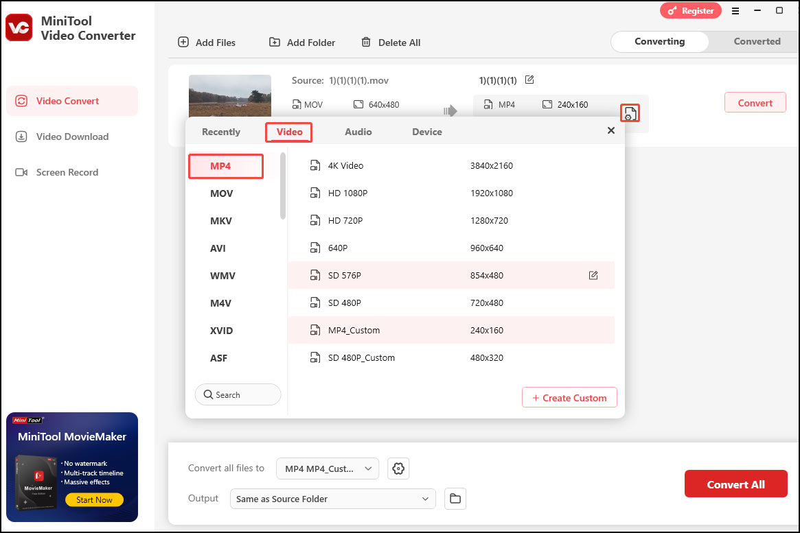 In the output format window, select MP4 as the output format