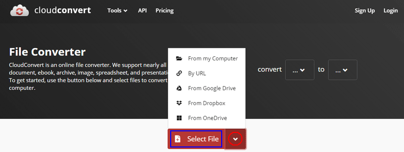 Click on the red Select File or the down arrow after it to add the file you want to convert