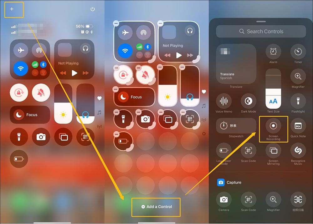 Add the Screen Recording option to Control Center on iPhone with system above iOS 18