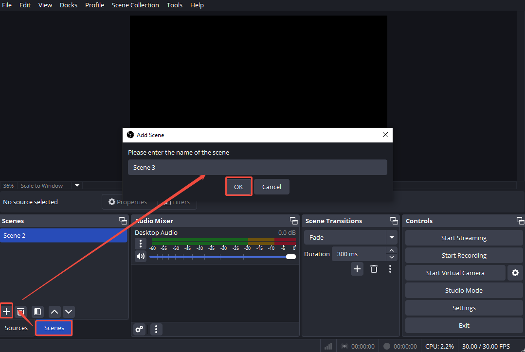 Under the Scenes tab, click the + icon, and click OK to create your scene