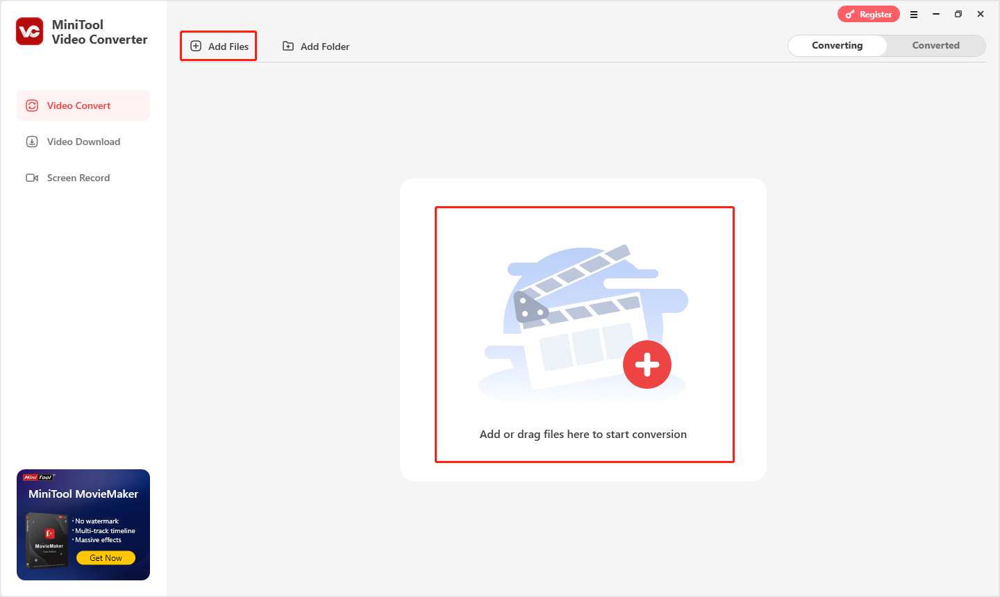klicken Sie oben links in MiniTool Video Converter auf „Dateien hinzufügen“, um Ihre Videodateien zu importieren