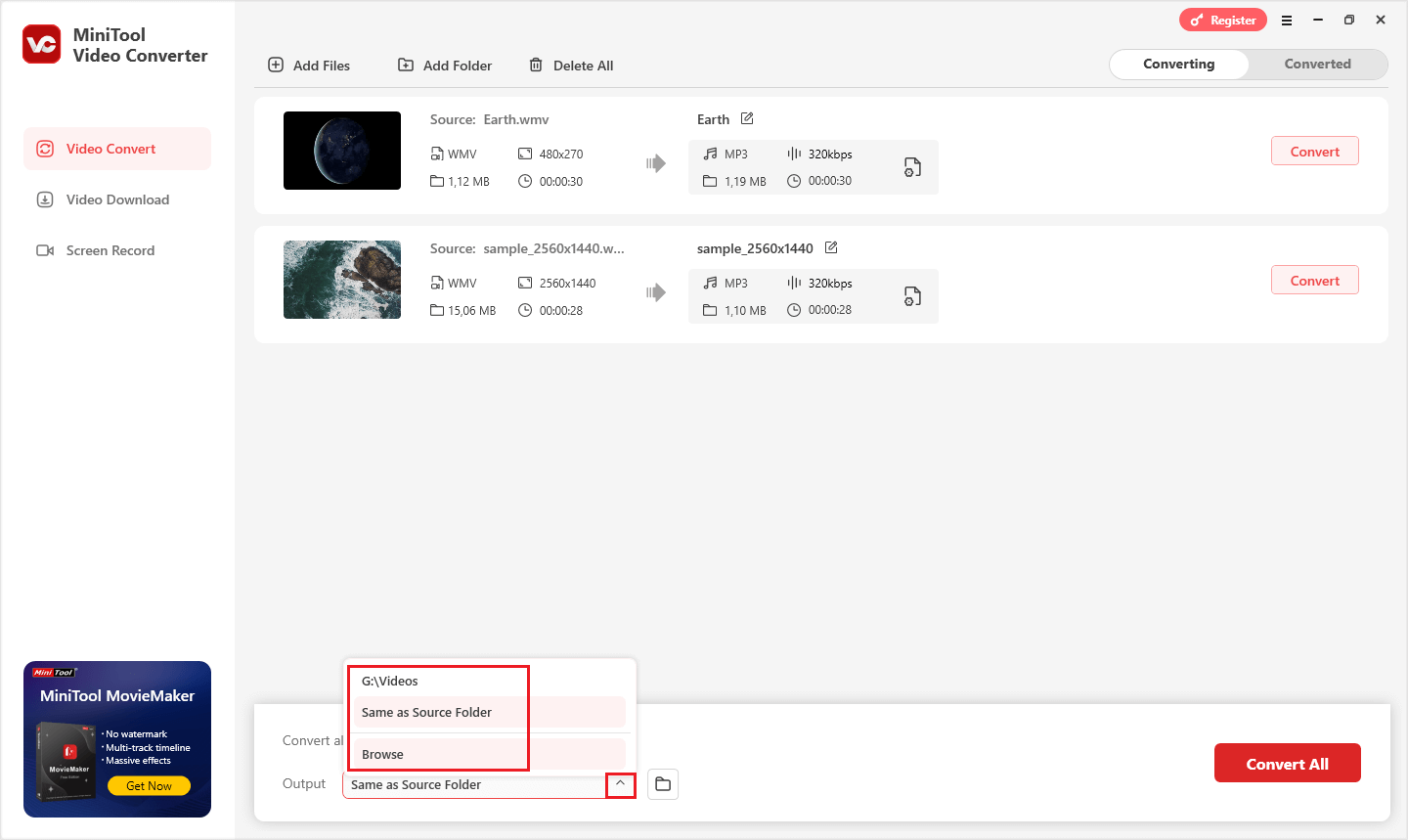 das Dropdown-Menü „Ausgabe“ erweitern und einen Speicherort für die konvertierten Dateien auswählen