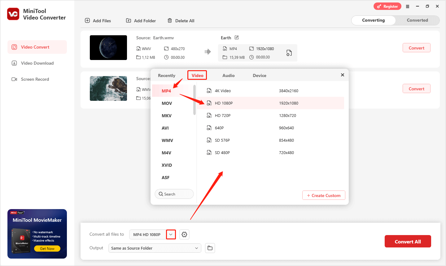 Klicken Sie auf in MiniTool Video Converter auf „Alle Dateien konvertieren in“, um das Ausgabeformatfenster zu öffnen und MP4 als Ausgabeformat auszuwählen