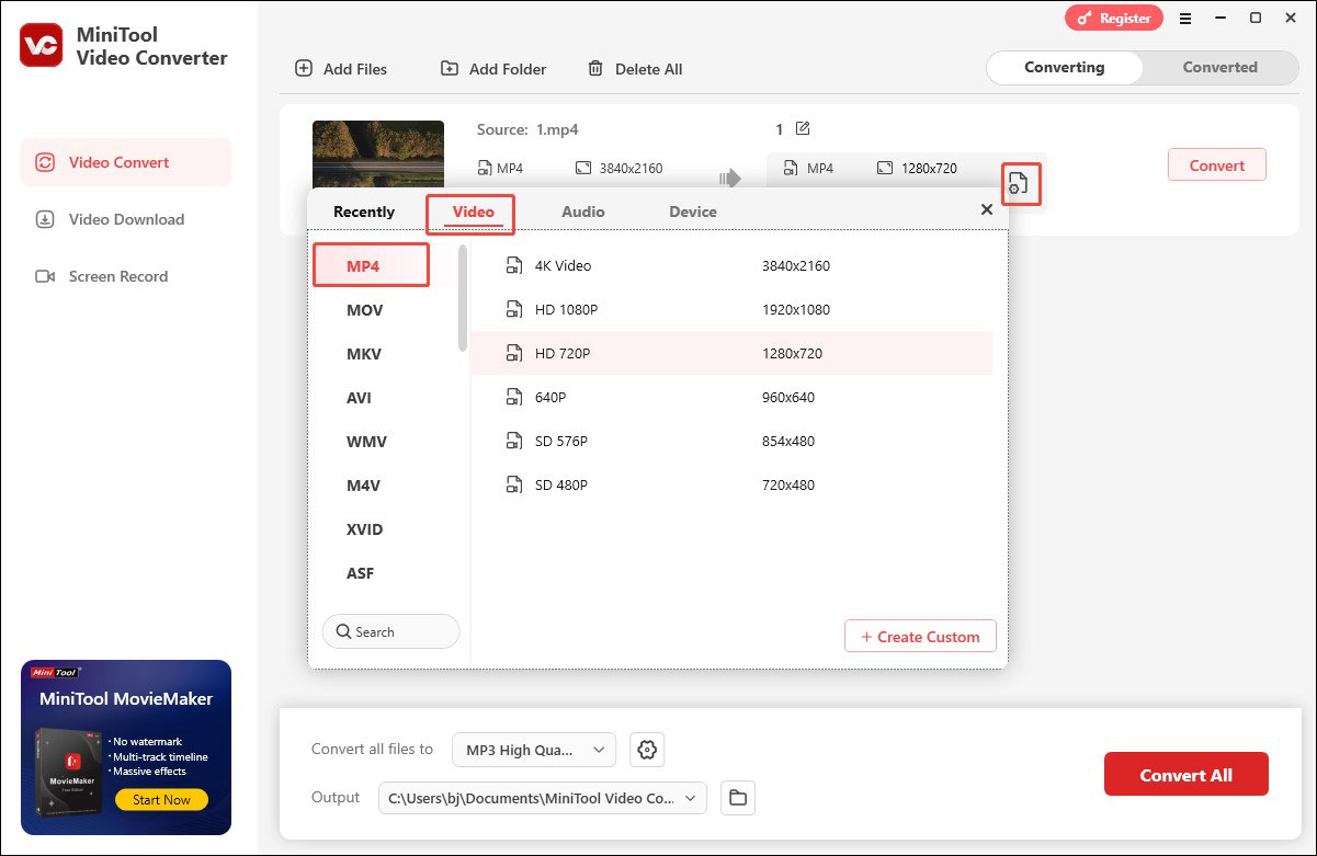 Click the Folder icon to choose MP4 under the Video tab in MiniTool Video Converter