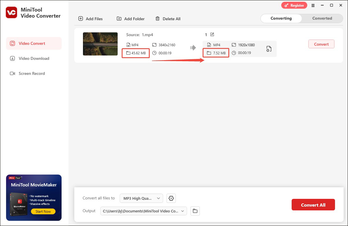 Check the compressed video file size in MiniTool Video Converter