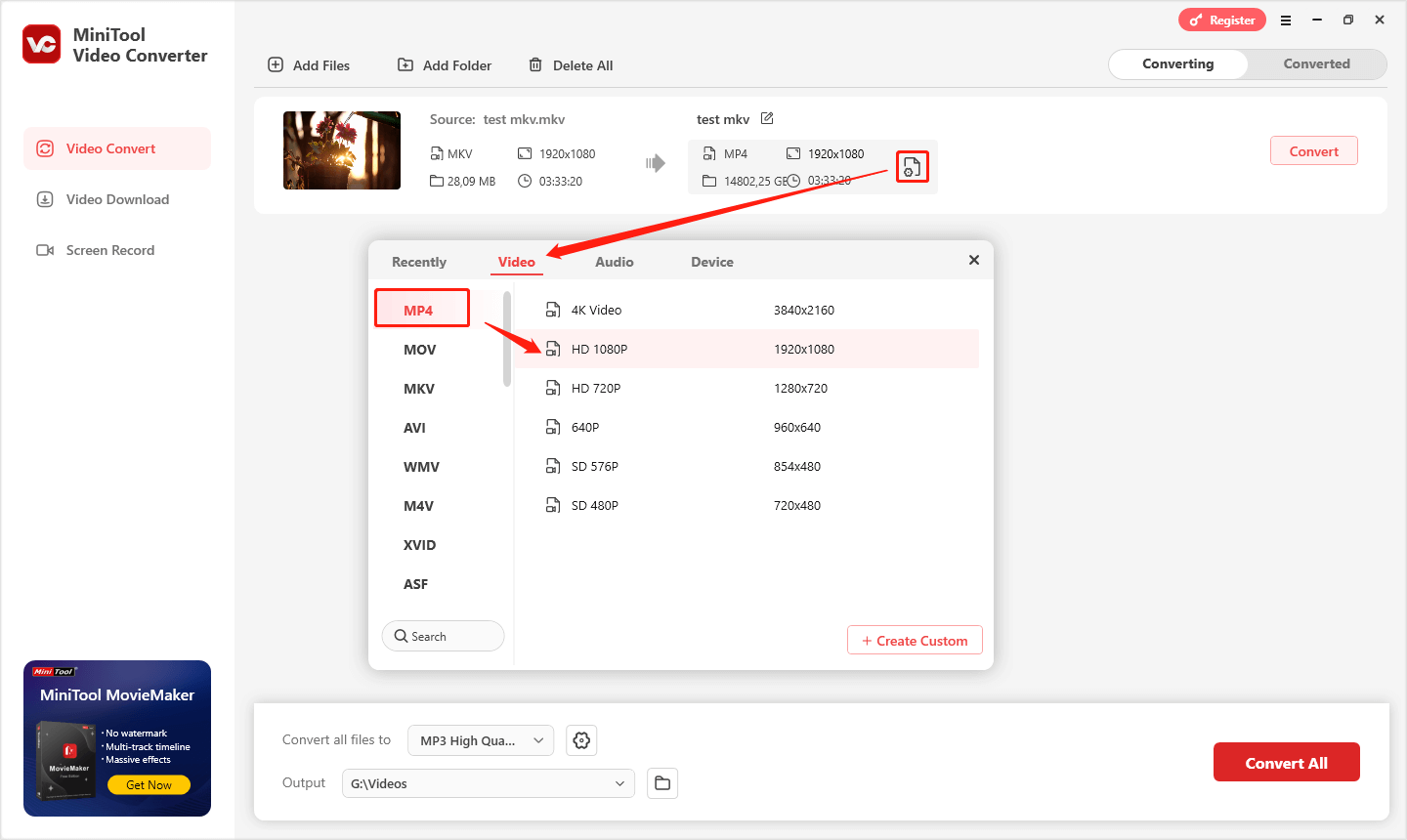 klicken Sie auf „Bearbeiten“, um das Ausgabeformatfenster aufzurufen, und wählen Sie auf der Registerkarte „Video“ das Format „MP4“
