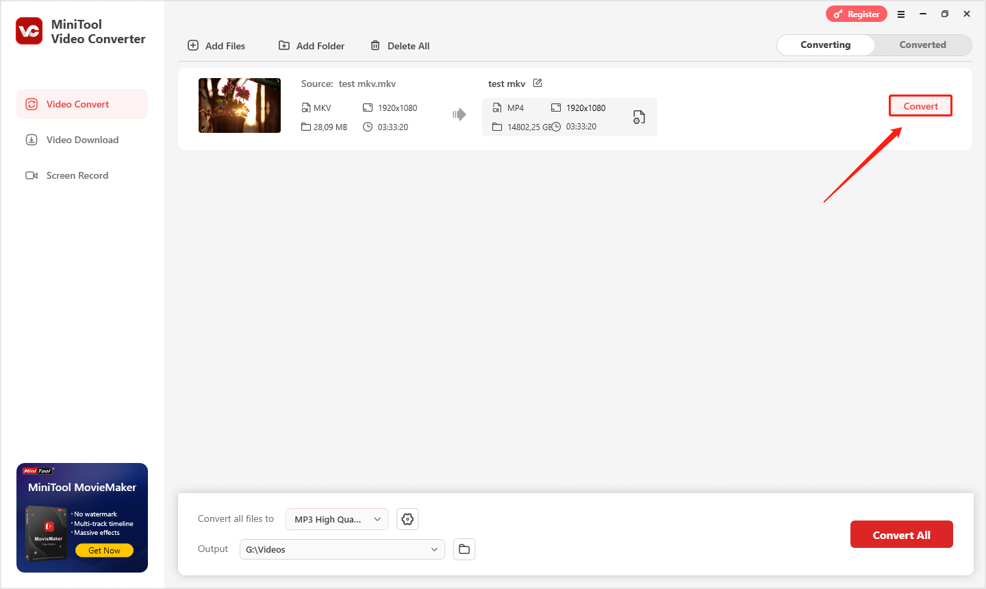zum Start der Konvertierung klicken Sie in MiniTool Video Converter auf „Konvertieren“