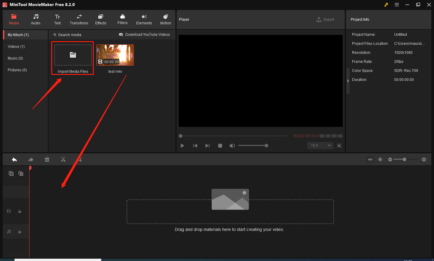 MKV-Datei über „Mediendateien importieren“ in MiniTool MovieMaker laden und direkt in die Zeitleiste ziehen