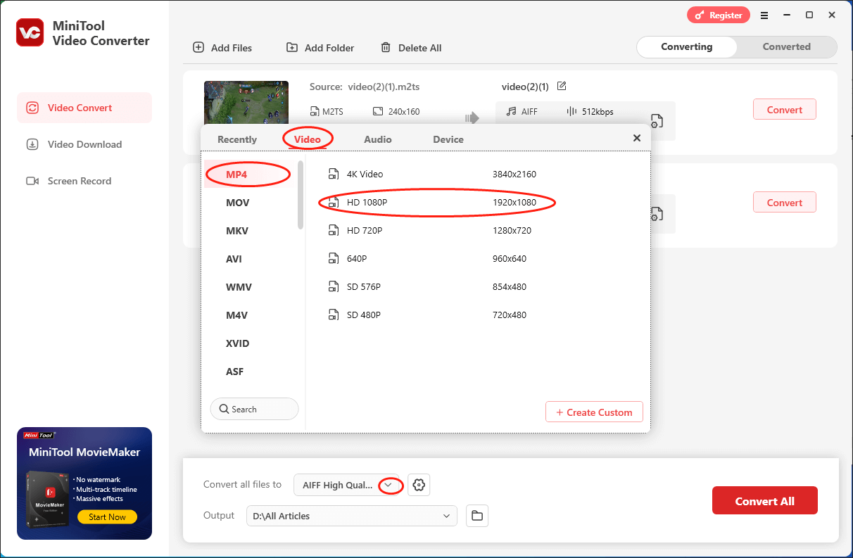 Expand the Convert all files to option in MiniTool Video Converter and choose MP4 HD 1080P as the output format