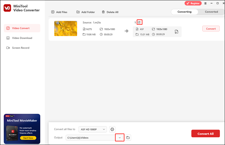 Click the Edit icon next to the target file name to rename the output file and expand the Output option at the bottom to select the output folder in MiniTool Video Converter for the converted file