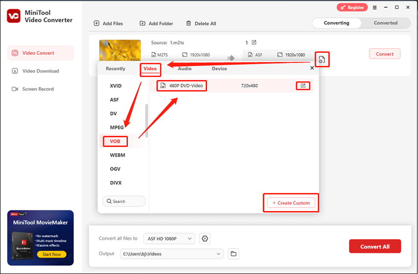 Select VOB as the output format for conversion in MiniTool Video Converter