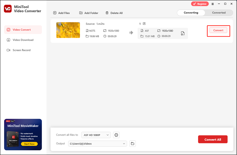 Click the Convert button to start converting M2TS to VOB in MiniTool Video Converter