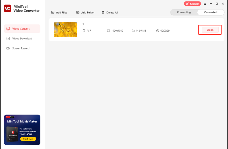 Click the Open button in MiniTool Video Converter to locate the converted file in your local folder