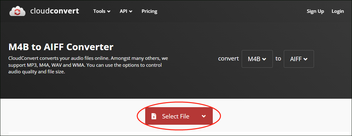 Click on Select File in CloudConvert to upload your M4B files